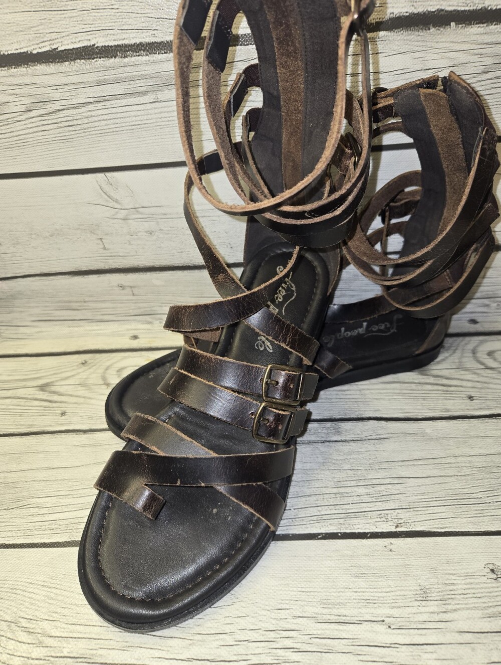Free People Vanadia Gladiator Sandals Distressed Brown Leather Size 9 - Picture 4 of 11